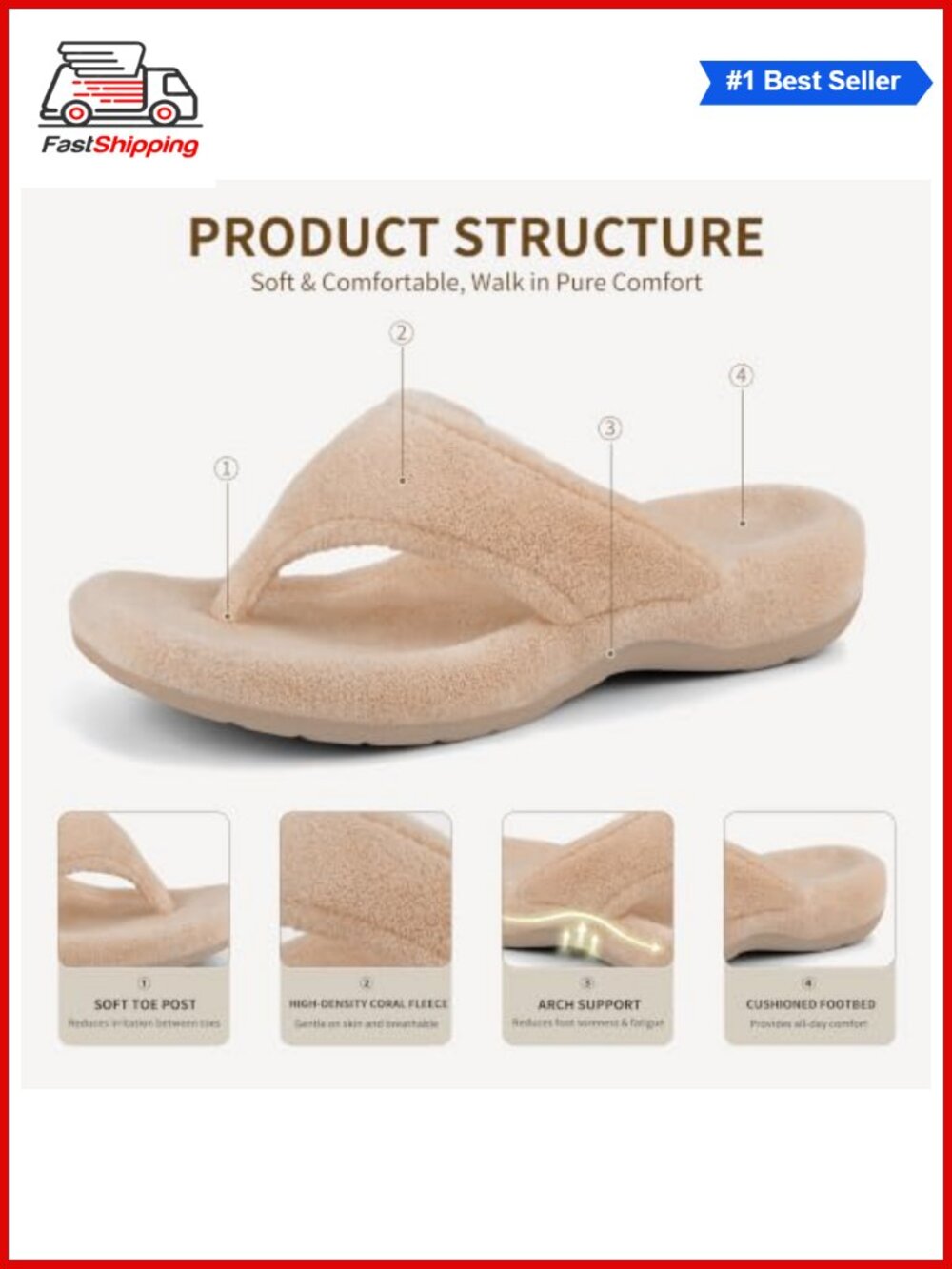 Orthopedic Fuzzy Slippers with Arch Support Open Toe Non-Slip Coral Velvet - Picture 2 of 6